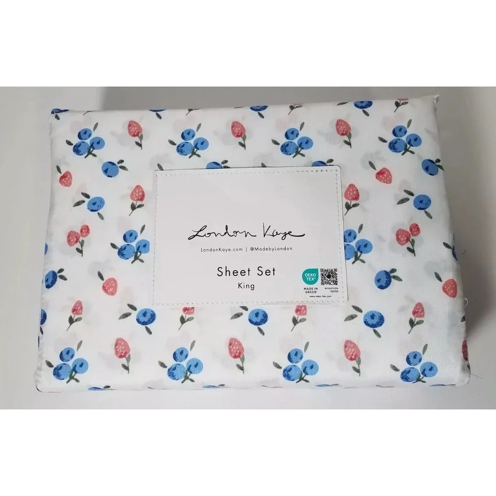 London Kaye KING Size Sheet Set‎ Strawberry Blueberry Spring Time Fun NEW